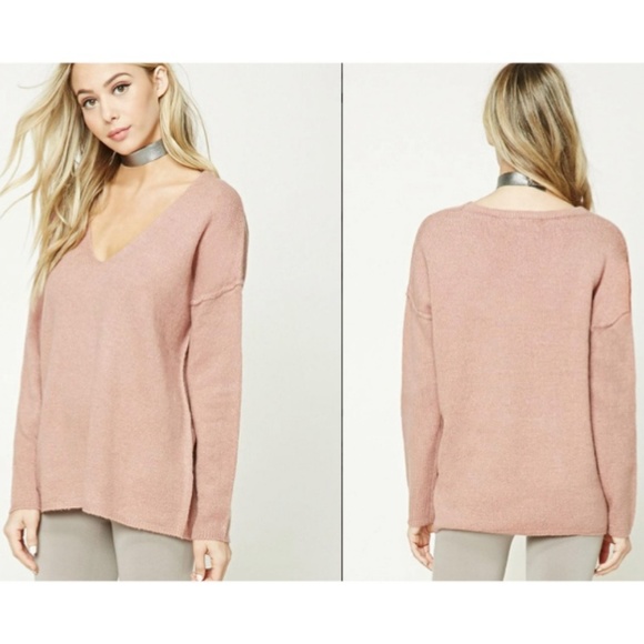 F21 Medium NWT Mauve Taupe VNeck Soft Pink Sweater - Picture 1 of 8